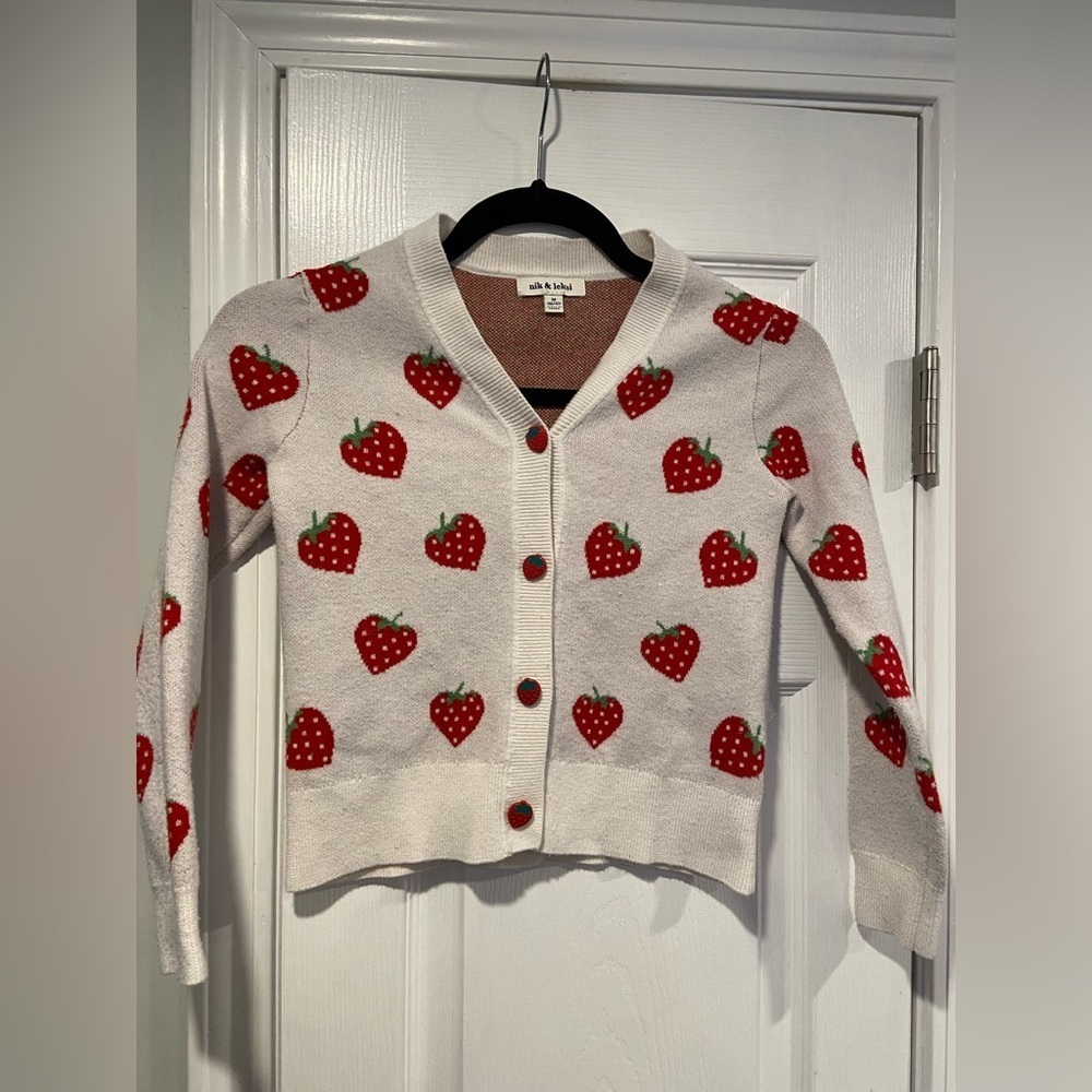 Nil & Lelsi Girls Size M Strawberry Knit Button Front Cardigan Sweater Fruit